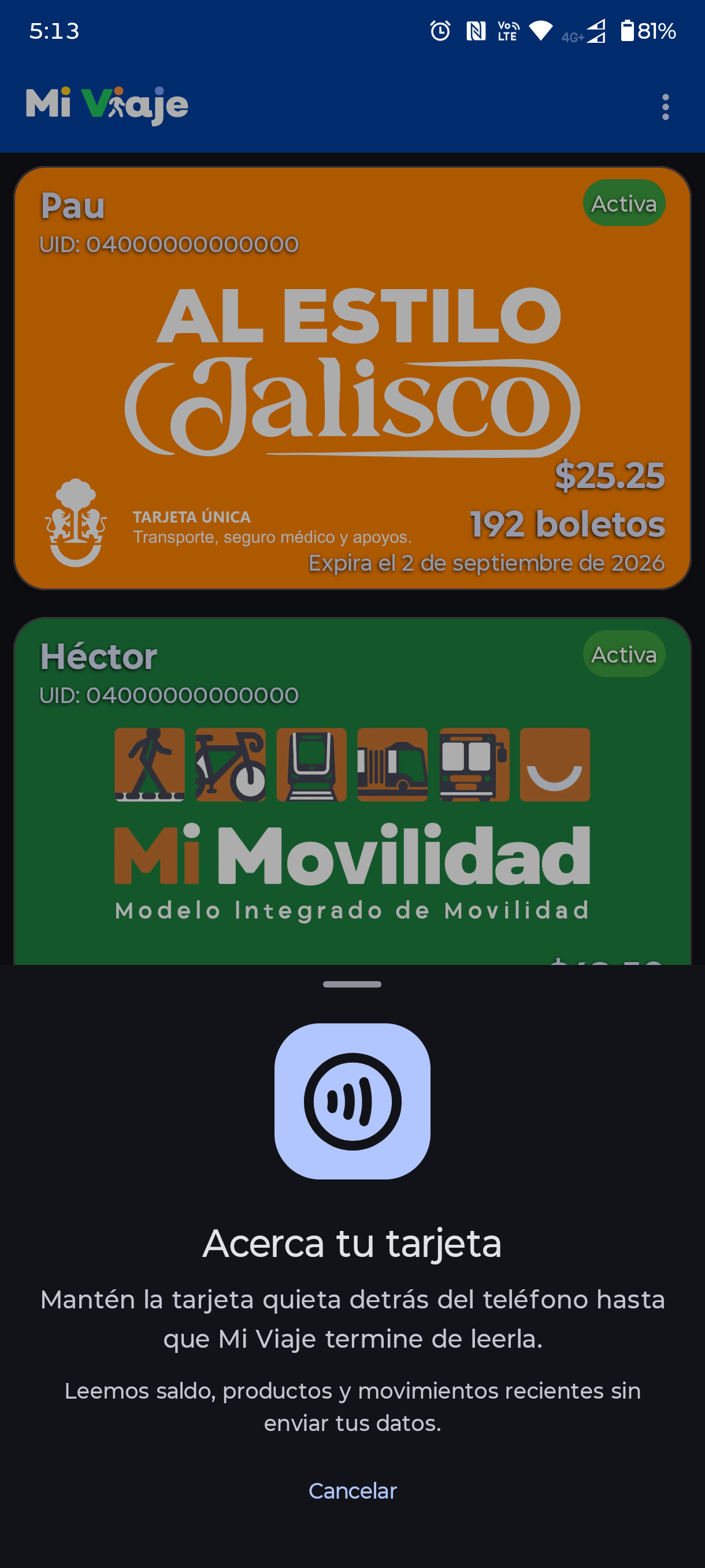 Mi Viaje mostrando tarjetas leídas y el panel para acercar la tarjeta NFC