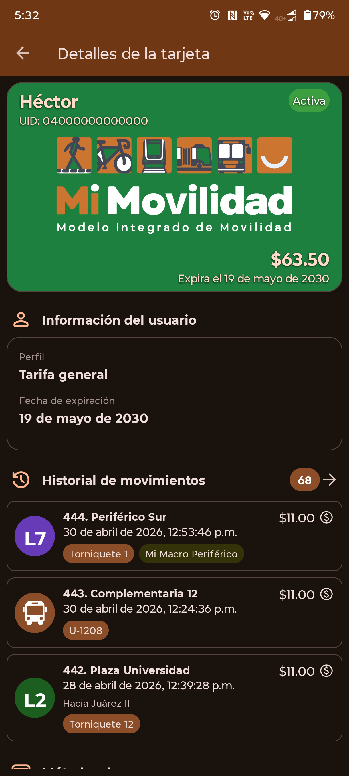 Detalle de una tarjeta en Mi Viaje con saldo, vigencia e historial reciente