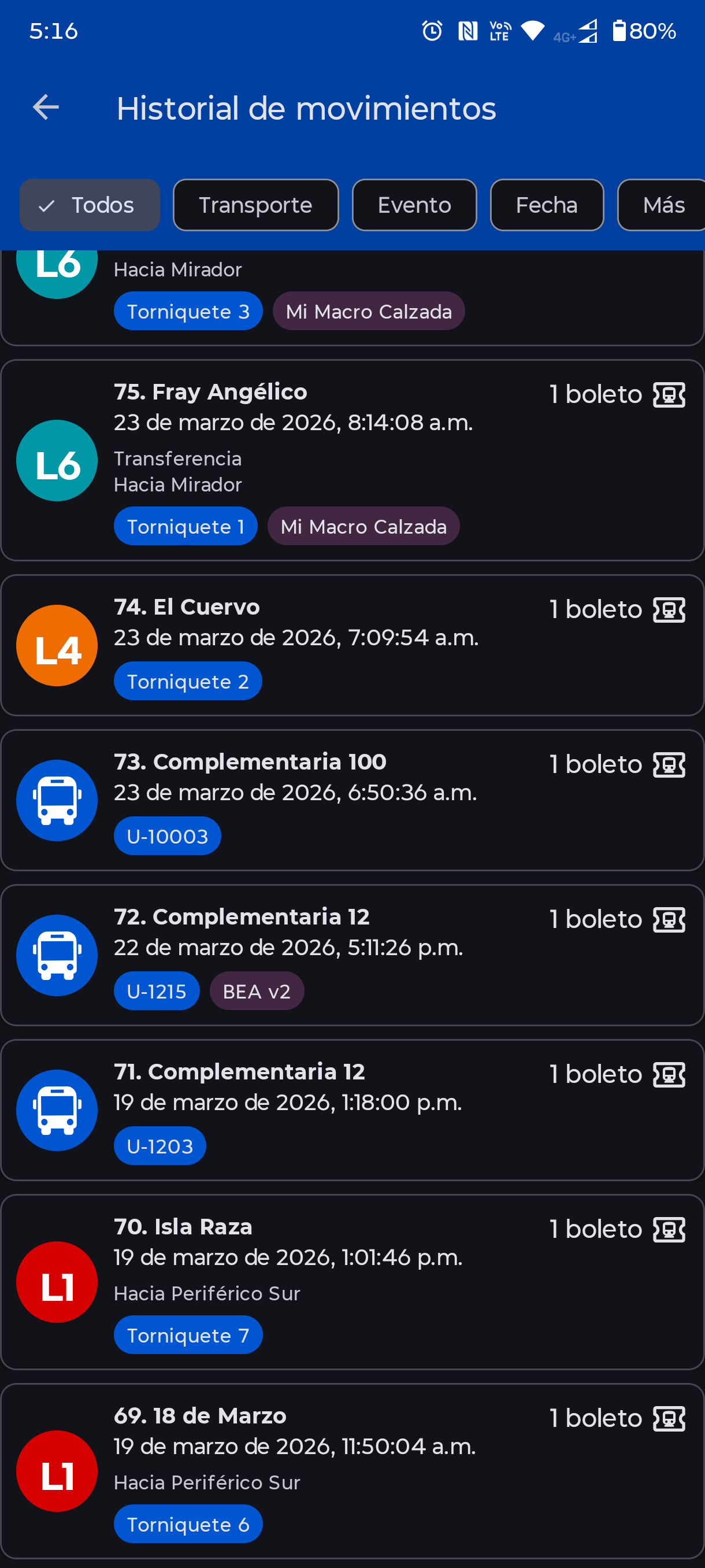 Historial de movimientos de transporte filtrable en Mi Viaje