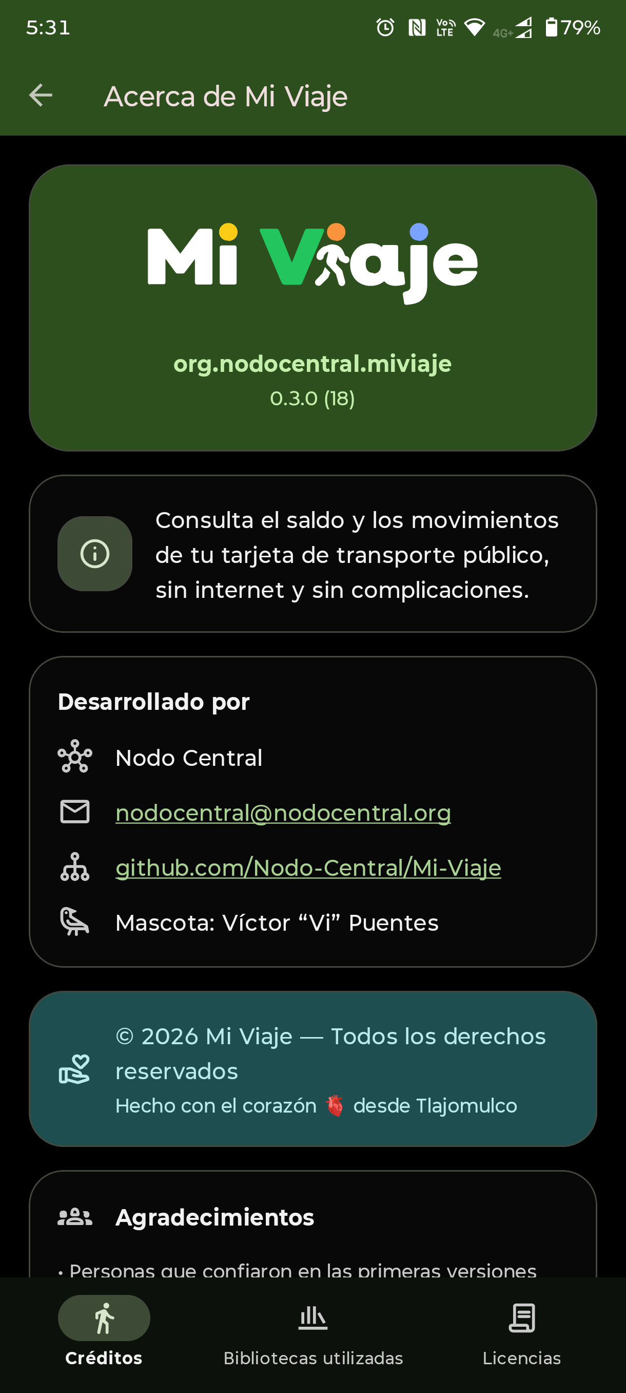Pantalla Acerca de Mi Viaje con créditos, contacto y enlaces del proyecto